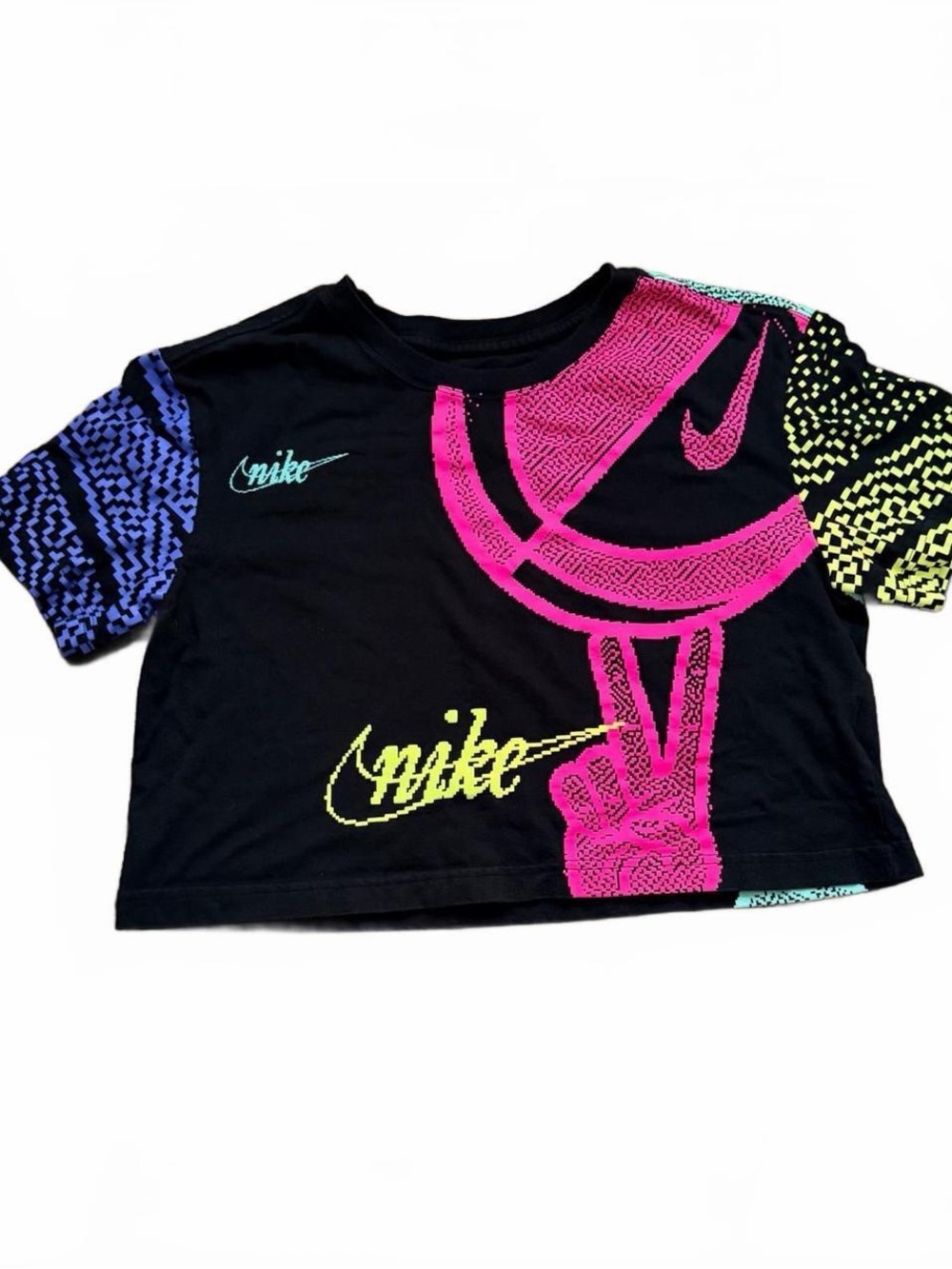 Nike Kids Black Graphic Crop Tee with Neon Accents